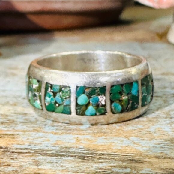 Vintage Smooth Sterling Silver Band Ring Turquoise Mosaic Size 9.5 - Picture 1 of 5